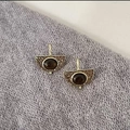 Vintage gold hammer-textured fan-shaped earrings with a dark brown oval stone inlay - Semicircle Fan Gem