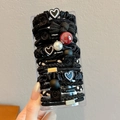 Black elastic hair tie set with pearl and heart charms for high ponytails - 15 Piece Set / Mist Black