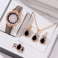 Women's quartz watch set with grey leather strap and black teardrop jewelry pieces - 5-Piece Set (Waterdrop / No Box) / Grey Set