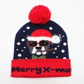 Winter knit Christmas hat in dark blue with a smoking dog pattern and glowing LED lights - Hat Style 4 (Dark Blue Cartoon Santa)