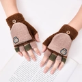 Brown and beige knitted flip-top children's gloves with cute robot patch and button - 5-14 Years / Robot Coffee