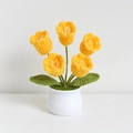Handmade knitted lily of the valley potted plant with yellow tulip flowers in a white pot - 5-Head Lily of the Valley Yellow