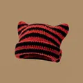 Cute red and black striped knitted cat ear beanie hat for women and kids - One Size / Striped Black Red