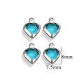 Silver stainless steel heart charms with teal crystals in 8x7.5mm size for jewelry DIY - Single Hole-Sky Blue / Steel