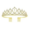 Detailed macro view of golden alloy crown with rhinestones and hair combs for secure fit - Single Crown / Gold