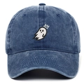 Dark blue washed denim baseball cap with ghost crown embroidery in a vintage style - Washed Navy Blue