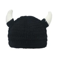 Funny handmade black knitted beanie with 3D white bull horns for men and women - M (56-58cm) / Black