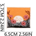 Embroidered sun patch with pink flowers and mountains showing size measurements - Style 5 (Sunset Landscape)