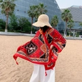 Ethnic red summer shawl with geometric patterns and tassels for beach sun protection - Olive-Red Black White Orange Gold Geometric / 180cm