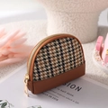 Mini-portemonnee van pied-de-poule canvas met bruin kunstleer en een gouden rits - Enkele Rits / Hahnentritt Bruin