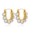 Elegant 18k gold plated stainless steel hoop earrings with white pearl inlay for women - Metal Loop Uniform Pearl Inlay (MS-176)