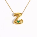 Chubby 18k gold plated bubble letter Z necklace with a small green heart gemstone - Letter Z