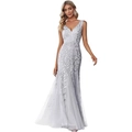 Elegant silver V-neck evening gown with sparkling sequin embroidery and tulle mermaid hem - US size 2 / Silver Gray