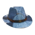 Western fedora hoed van blauwe denim patchwork met een bruine leren band en stierkop - Kindermaat / Lichtblauw