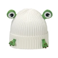 Detail of white knit hat featuring cute frog eyes and green paws with Good embroidery - M (56-58cm) / White