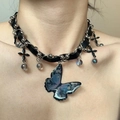 Gothic black leather collar with blue butterfly pendant and silver cross charms - Black Butterfly Necklace X4146