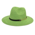 Close-up of grass green woven sun hat featuring a black ribbon and gold metal chain detail - M (56-58cm) / Fruit Green