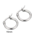 Classic 15mm silver stainless steel hoop earrings with secure click closure - 15mm