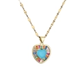 Elegant gold necklace featuring a turquoise heart pendant with colorful crystals on white background - Blue