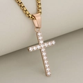 Collier avec pendentif croix en or rose et cristaux micro-pravés sur chaîne box - Or rose