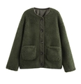 Close-up of dark green sherpa fleece jacket with button closure and corduroy trim texture - XS / Green