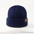 Winter navy blue ribbed knit beanie hat with square brown leather patch and letter W - One Size / Blue