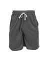 Detail of dark grey knit shorts featuring elastic waistband and white drawstrings - Dark Gray