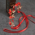 Golden leaf headband with red berries and pearl accents on a long red ribbon ties - Small Daisy Wreath-Red