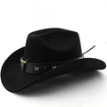 Detail of black faux suede cowboy hat with bronze bull head emblem and leather band - M (56-58cm) / Black