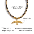 Detail of leopard print ribbon necklace with golden swallow pendant and product specs - Swallow Bird Style (YYN025335)