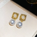 Vintage style drop earrings with gold textured square frame and white round pearls - Square Woven Border Pearl Dangle / Gold-White