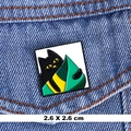 Enamel black cat pin with green leaves, 2.6cm square badge on blue denim fabric - 1# Black Cat