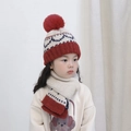 Detail of kids knit hat and scarf set with red pom-pom and wavy pattern in beige and red - Hat Scarf Set / Red