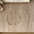 Detail of bohemian white woven waist belt with natural shells, pearls and turquoise beads - White Gold Shell Blue White Bead - 135cm