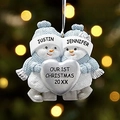 Custom snowman couple Christmas ornament with blue hats on festive golden background - 2 Snowmen Family Style