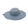 Foldable blue and white striped sun hat for women with wide brim and adjustable chin strap - White+Blue