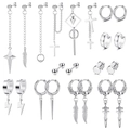 Polished silver stainless steel earring set featuring star, feather and cross charms - Silver Star Feather Cross Combination (36038)