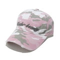 Close-up of pink camo baseball cap with Finder-Beauty embroidery and distressed brim - Pink Camouflage-Finder Beauty(C)
