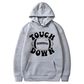 Light gray American football hoodie in size M featuring Touch Down print and kangaroo pocket - S / Tops / Light Gray