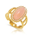 18K gold plated stainless steel ring with oval pink natural stone and zircon pavé - US Size 7 (Adjustable) / Gold-Natural Light Rose Quartz