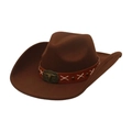 Ethnic western felt cowboy hat in dark brown with red leather band and bull head buckle - One Size / Coffee (Brown Bull Head Band)