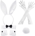 Detailed set of white satin bunny ears headband with matching long gloves and plush tail - White 7-Piece Set