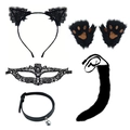 5-piece black lace cat ears, gloves, eye mask, collar and plush tail costume accessory set - Black Set Style 7 (5 Pcs) / Black