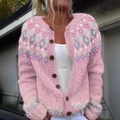 Women's pink knit cardigan with geometric jacquard patterns and button closure - S / Tops / Pink