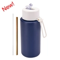 Dark blue matte 1L vacuum stainless steel water bottle with straw and cleaning brush set - 1 L / Pop-up Straw Lid / White + Indigo Blue
