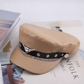 Classic khaki military style beret hat with metallic chain and bull head ornament - One Size 58cm / Khaki Bull Head Chain Style