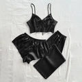 Conjunto de pijama de satén negro de 3 piezas con camisola, pantalones cortos y bata - S / Negro