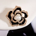 Elegant black enamel camellia brooch with gold plating, rhinestones and center pearl - XZ006 Black Camellia