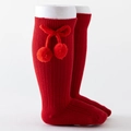 Calze alte rosse per neonati con trama a costine e pompon decorativi a ciliegia - S (0-12 Mesi) / Rosso