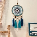 Bohemian evil eye dream catcher with blue yarn mandala pattern and wooden bead tassels - 9545G Without Wood Stick